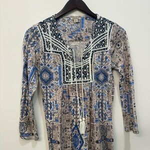 Lucky Brand Blue and Cream Embroidered Boho Tunic